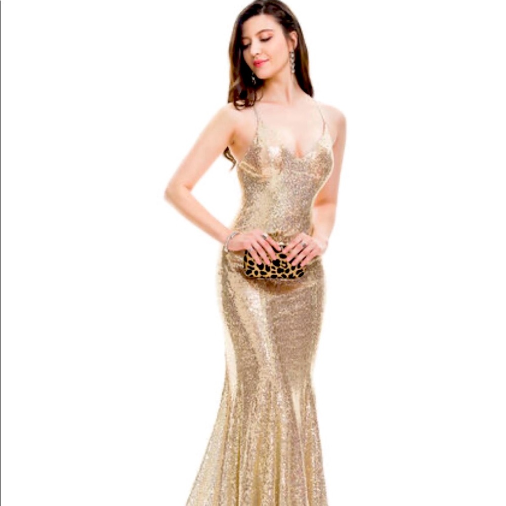 NEW- Champagne matte colored sequined gown with crossed crossed back straps.